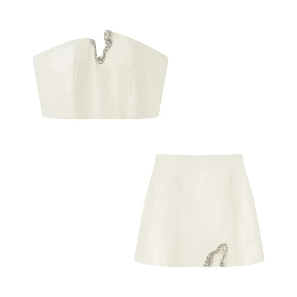 

KONDALA женский комплект сексуальной юбки с бриллиантами, короткий топ без бретелек, прямая мини-юбка, лето 2021, праздничный комплект для вечеринки, свидания, ночного клуба, Mujer