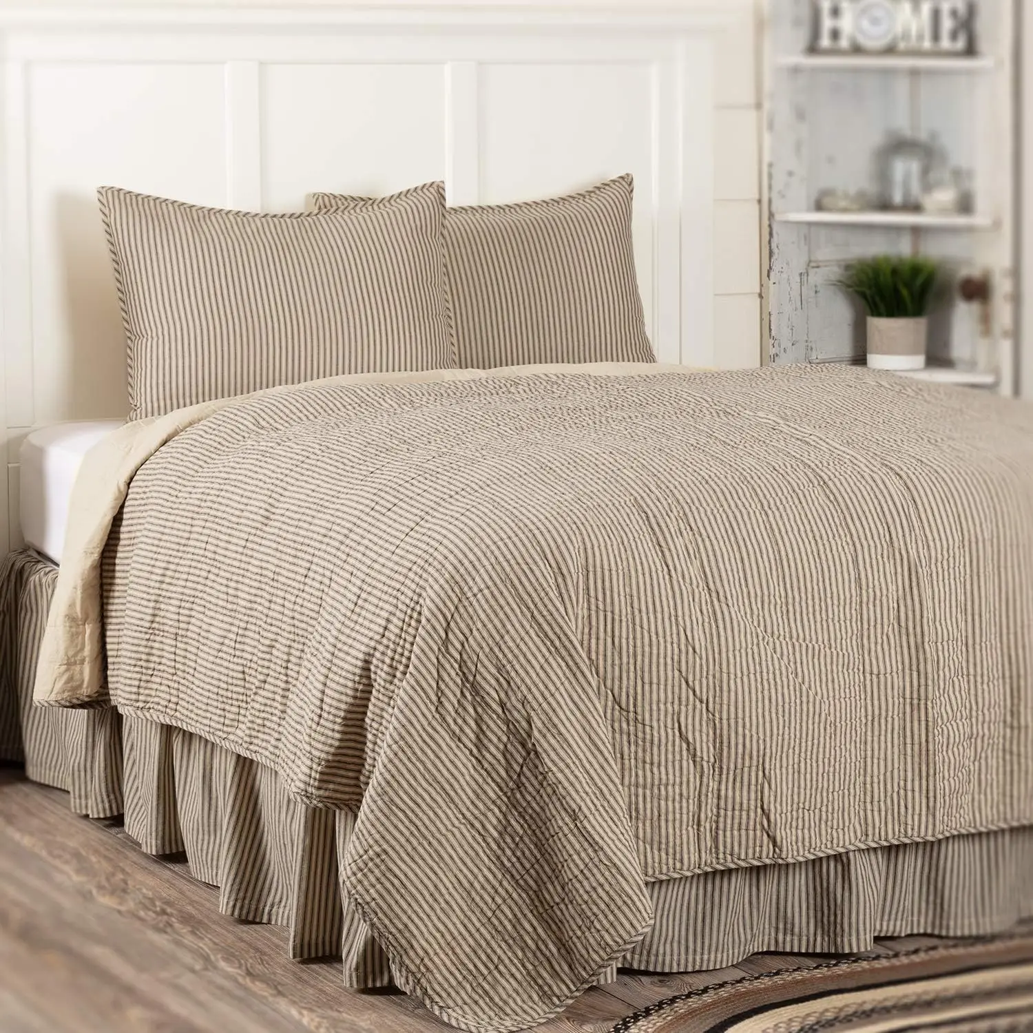 Sawyer Mill Ticking Stripe 3 Piece King Quilt With 2 Shams Bedding Set, Charcoal Gray