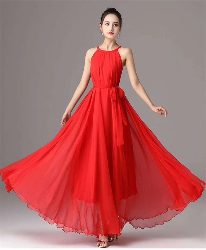 New Summer Chiffon Extra Long Large Swing Dress Women Solid Chiffon Beach Dress Summer Bohemian Maxi Dress Ladies Party Vestidos