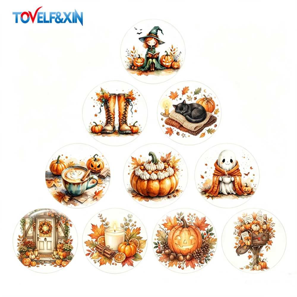 10Pcs Spooky Cozy Halloween Glass Cabochons Pumpkin Black Cat Candle Book Round Dome Cabochons for DIY Jewelry Keychain Crafts
