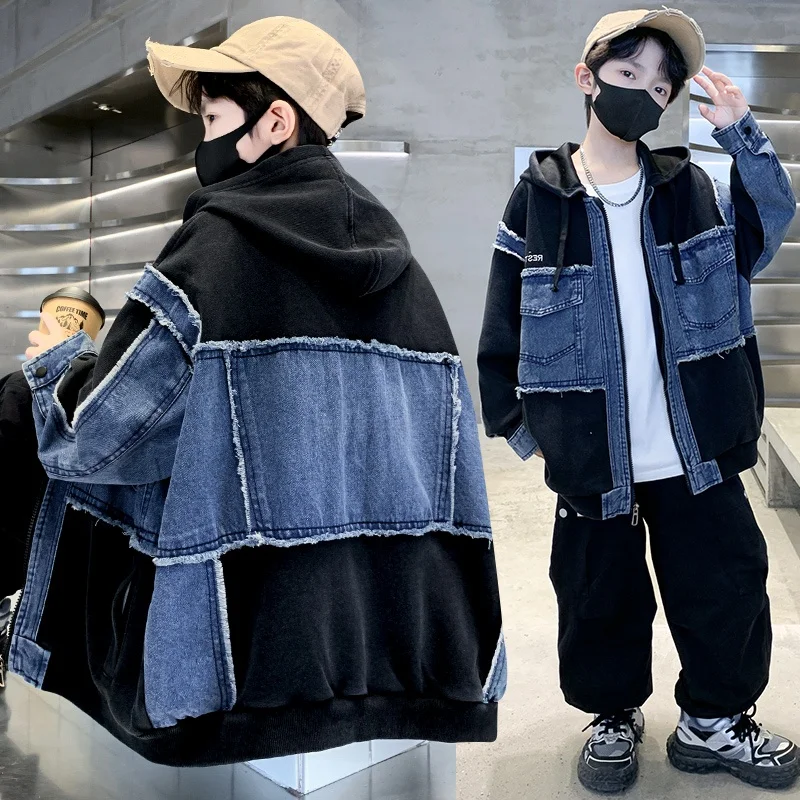 

Faionable Boys' Denim Jaet with Hood Patchwork Design Autumn Wear for Middle And Large Children Sli Jaet Top
