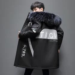 New 2024 Autumn Winter Men's Mid Length Hooded Plush Jackets Detachable Fur Collar Warm Fleece Coats Streetwear Thick Top Parkas