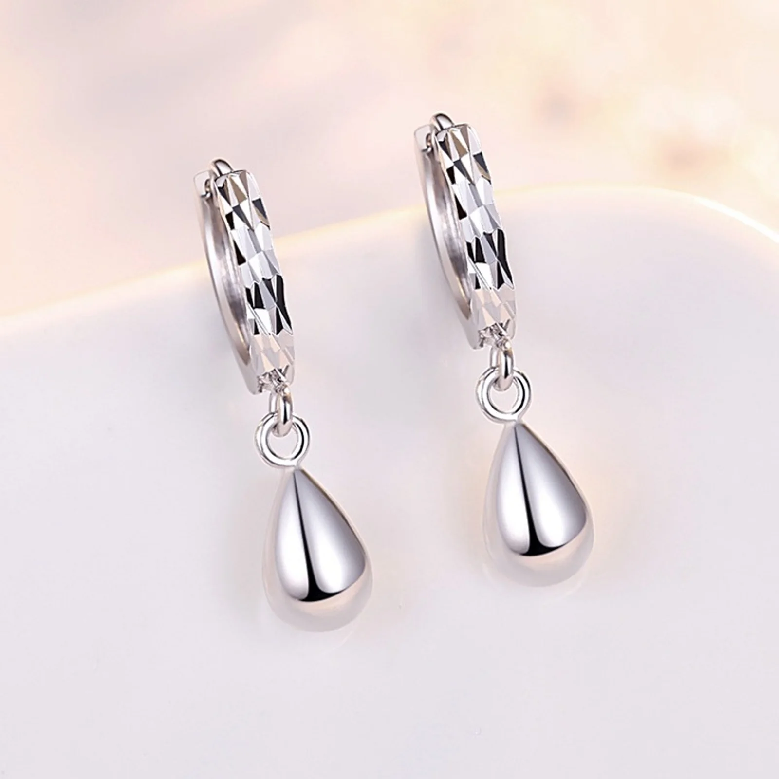 Real Pure Platinum 950 Hoop Women Lucky Carved Drop Dangle Earrings 3.1-3.3g 