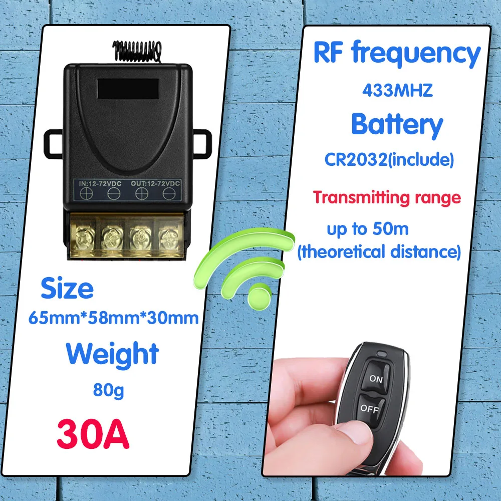 Uniwersalny pilot 433mhz przełącznik bezprzewodowy Rf DC 12V 24V 72V 30A przekaźnik i On Off nadajnik, dla LED pompa bojler