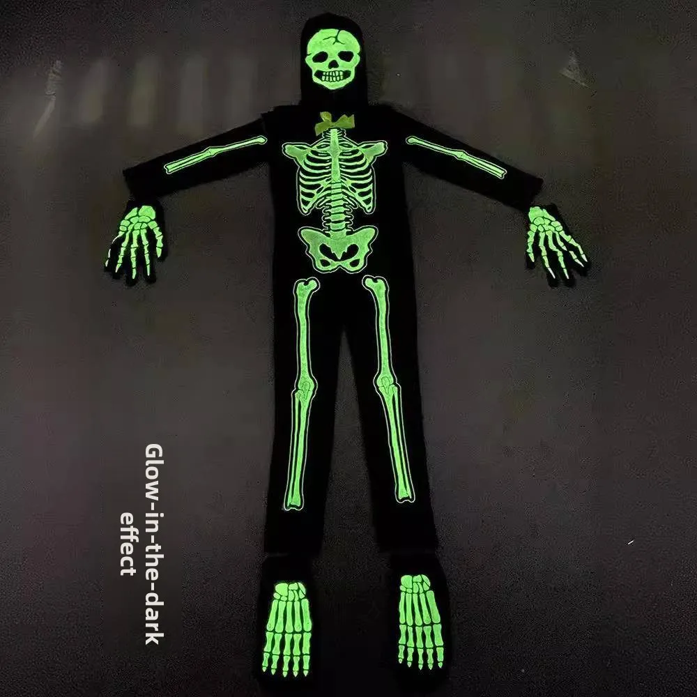 Children's loween Skeleton Costume Luminescent Skeleton Performance Par Outfit Cosplay Dr up Clothes Stage Costume