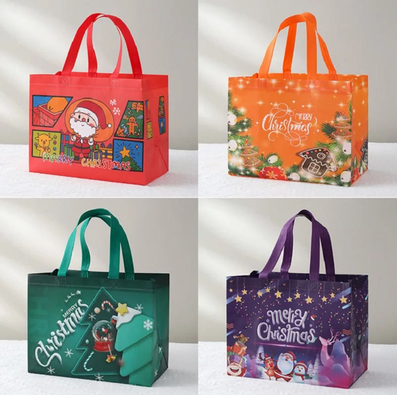 2025 Christmas Gift Bags Cartoon Cute Santa Elk Snowman Printing Non Woven Handbag Hot Pressing Wholesale Party Supplies New In