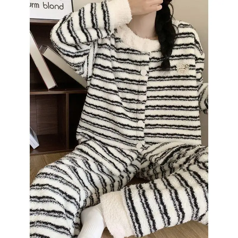 

Autumn and Winter Girl Homewear Home Suit Blue Striped Coral Fleece Half Flannel Sleepwear Thickened Warmth Women's Pajama Set