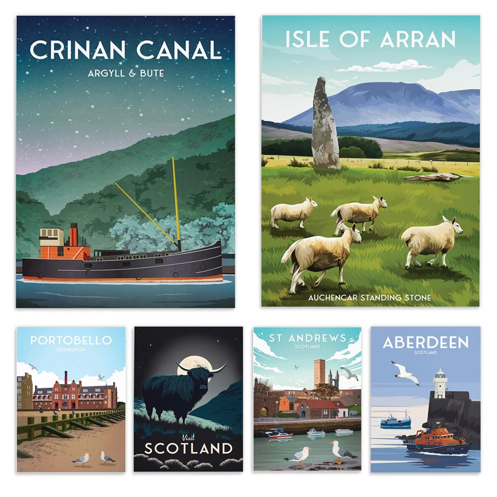 Póster de viaje de Crinan Canal, Portobello Beach, Fairy Valley, Falmouth, Cornwall, Cleethorpes, Chapinsay Harbour, Borrowstownes
