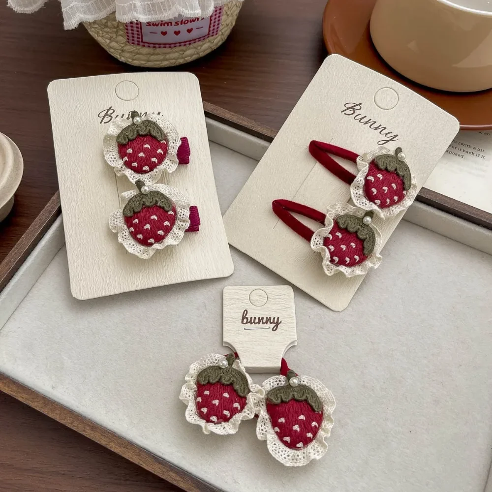 2pcs Strawberry Lace Edge Hair Clips for Toddler Girls Sweet Red Hairpin Kid Baby Elastic Ponytail Holder Barrette Headwear Cute