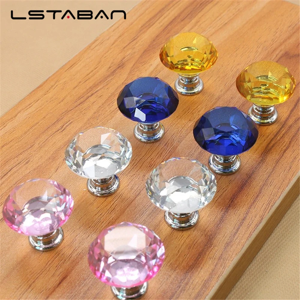 Transparan 30mm furnitur berlian kaca kristal pegangan pintu lemari laci warna-warni lubang tunggal campuran seng bulat pegangan siram