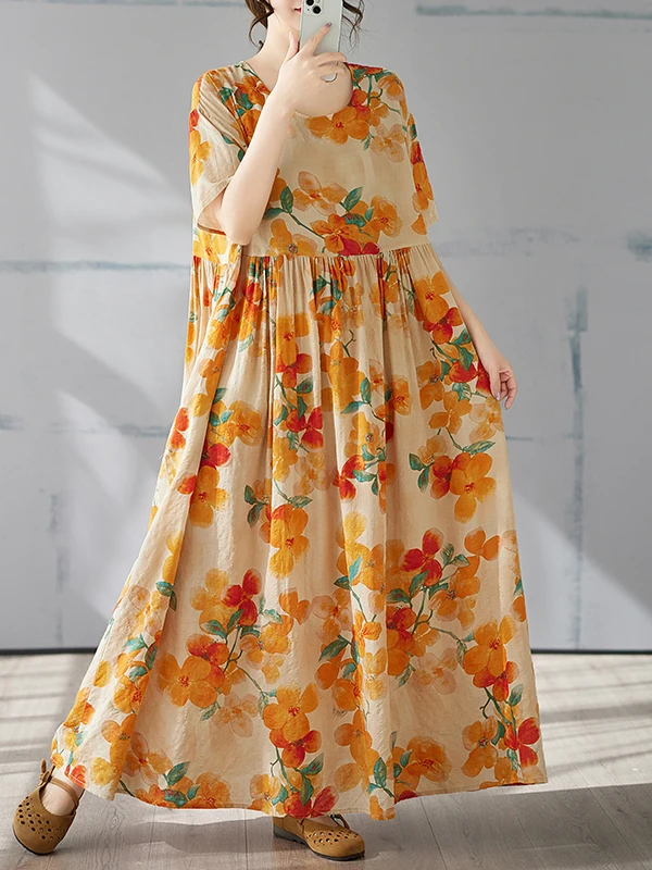 Amarelo floral impressão n longo dr verão novo plus size ort sve redondo ne impressão feminino dr algodão linho material