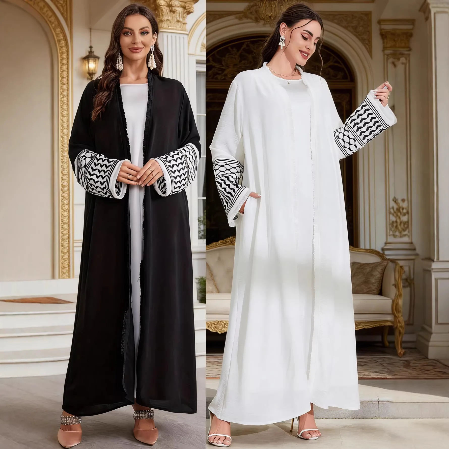 

Africa Clothing Abaya Middle Eastern Ladies Intricate Embroidery Patterned Cuffs Loose Robe with Detachable Belt Turkey Ramadan