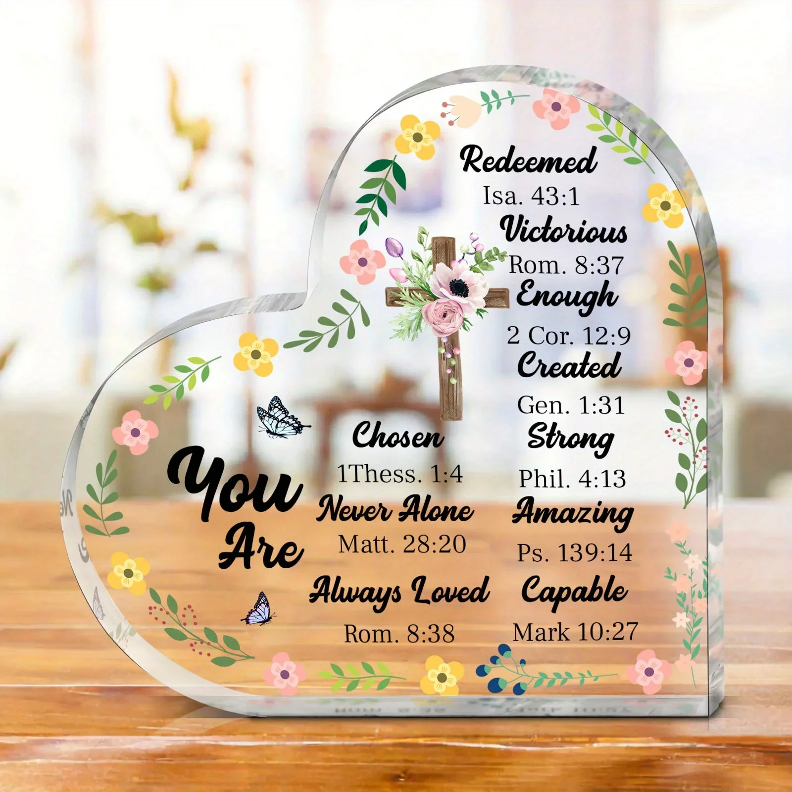 Heart Acrylic Desk Plaque You Are Redeemed Chosen Loved, Christian Cross Floral Bible Verse Decor