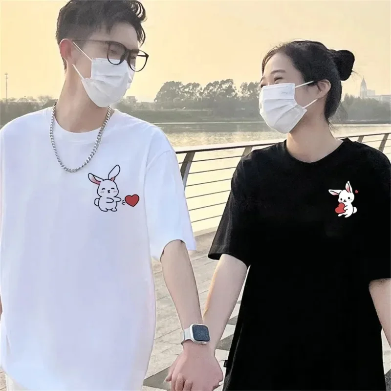 Cartoon Love Rabbit Couple T-shirt Set Summer Women's Short Sleeve T-shirt Women's Clothing Fashion Y2K Top Kawaii Clothes