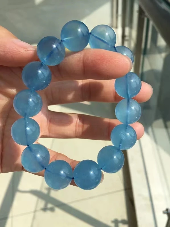 Natural Blue Aquamarine Big Bracelet Jewelry 15mm Clear Round Beads Aquamarine Crystal Big Beads Women Men AAAAAAA