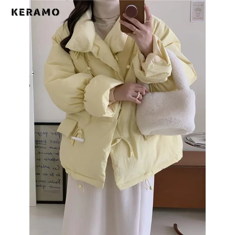 

Women Casual Sweet Long Sleeve Single Breasted Yellow Parkas 2023 Autumn Winter Outerwear Jacket Fashion Warm Patchwork Coat