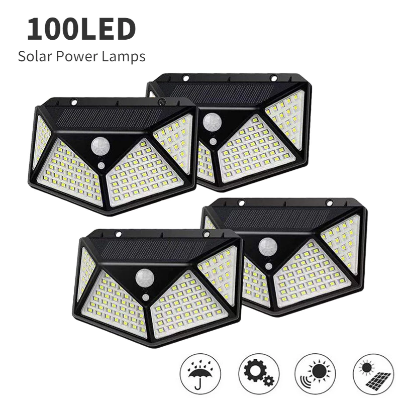 Lâmpada de parede solar exterior com sensor de movimento PIR, luzes impermeáveis estrada, jardim, Home Decor, pátio, 100 LED