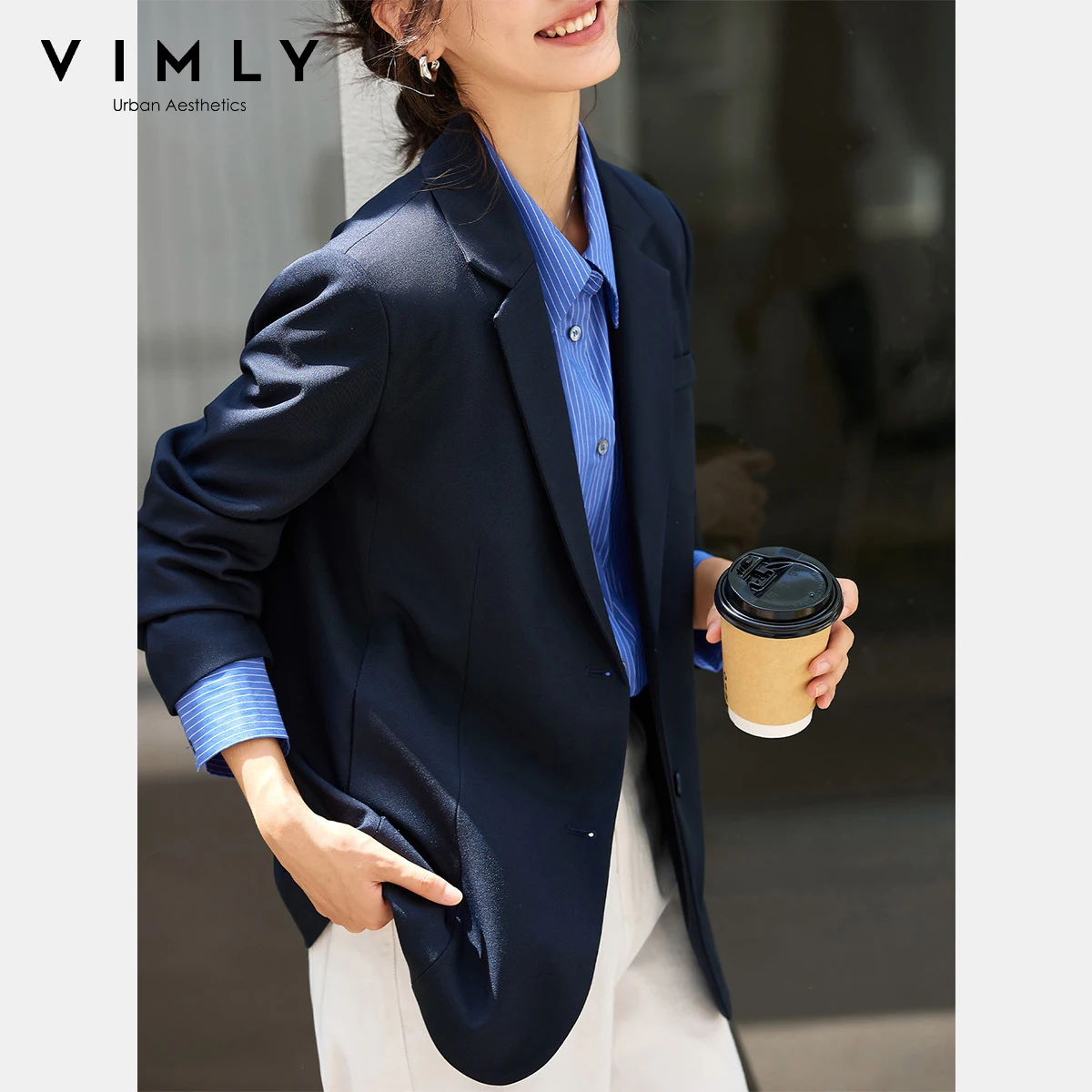 เสื้อแจ็คเก็ตสีน้ำเงินกรมท่าสำหรับผู้หญิง VIMLY รุ่นฤดูใบไม้ร่วง 2025 ทรงโอเวอร์ไซส์ ดีไซน์หรูหรา เหมาะสำหรับใส่ทำงาน แจ็คเก็ตทรงเบลเซอร์แบบมีรอยตัด รุ่นใหม่ล่าสุด A2360