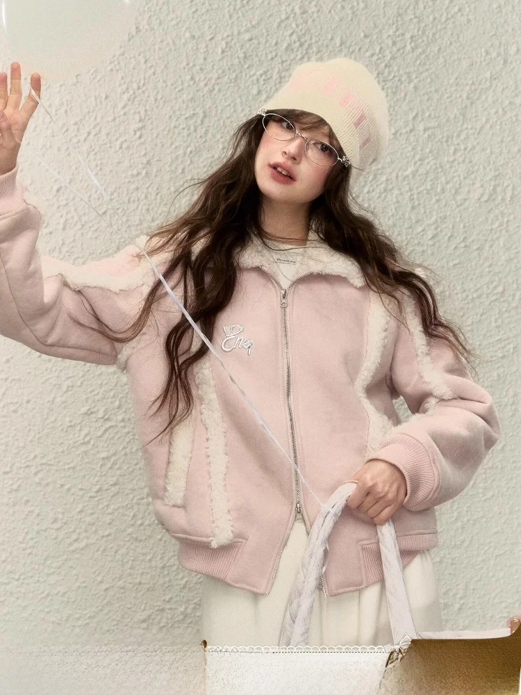 

ELEVEN SP Women's Suede Jaet Winter Thiened Warm Zipper Flip Collar All-Match Top Youth Pure Color Long Sve Korean Sle