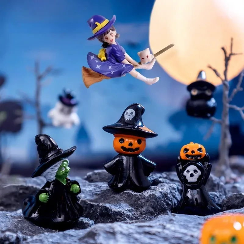

12PC Halloween Ornament Cartoon Witch Ghost Pumpkin Figurine Micro Landscape Dollhouse Model Car Interior Desktop Decoration
