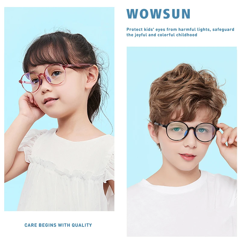 WOWSUN Children's Anti Blue Light Glasses Boys and Girls Round Frame Flat Lenses Adjustable Non Slip Foot Covers AA204