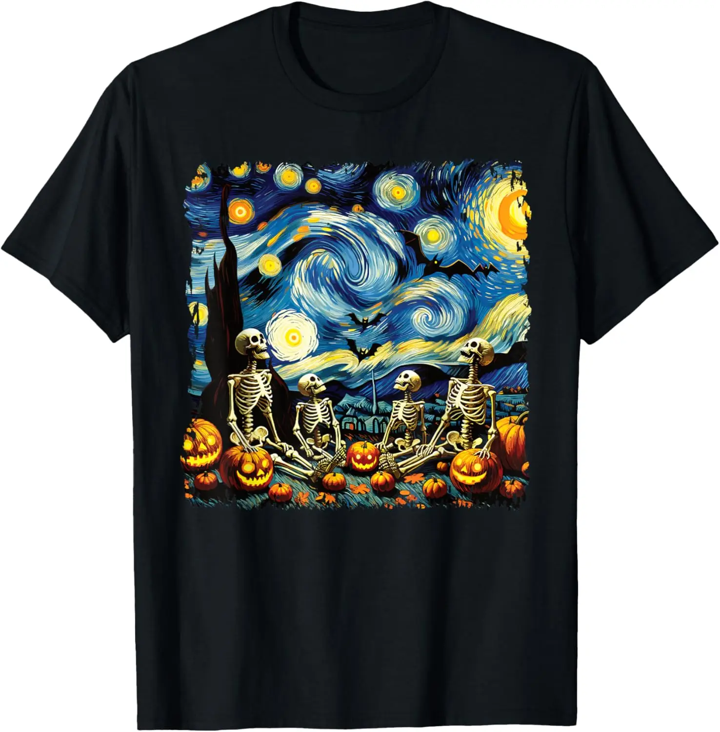 Halloween Skeleton Family Van Gogh Starry Night Pumpkin Fall T-Shirt