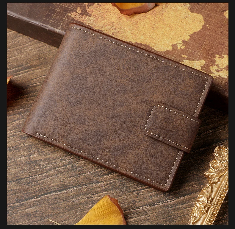Kurze Herren-Geldbörse, lässig, Vintage, mit mehreren Kartenfächern, Münzfach und Knopfverschluss – Detail 10