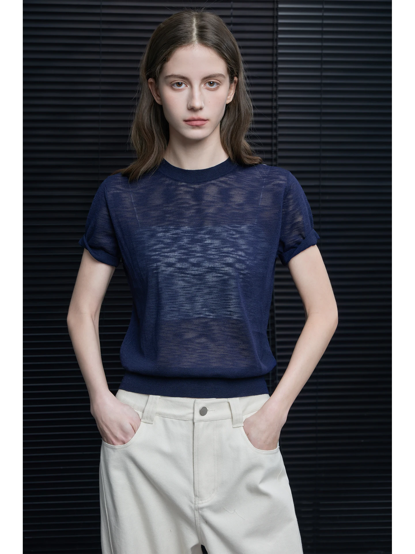 

Свободный вязаный свитер с коротким рукавом, синий, весна-лето, новинка, женская уличная мода, дышащий, комфортный