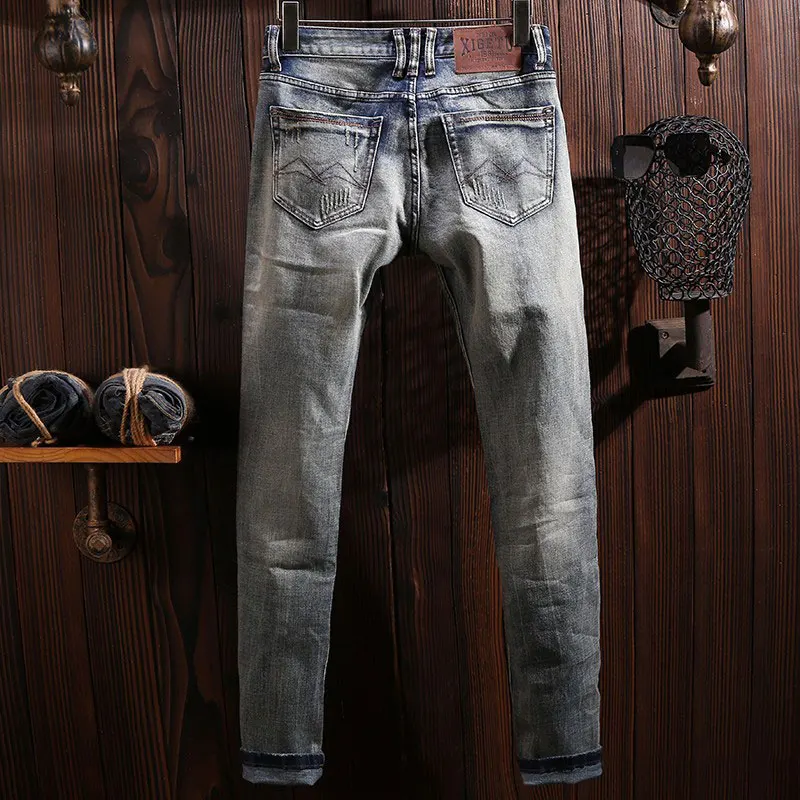 Designer Fashion Men Jeans High Quality Retro Washed Blue Stretch Slim Fit Ripped Jeans Men Y2K Vintage Denim Pants Hombre