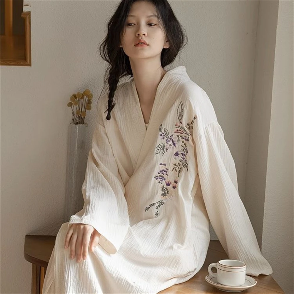 Long-sleeved Nightgown High-end Women Pajamas Autumn Japanese Print V-neck Kimono Bathrobe Comfort Breathable Homewear Sleepwear