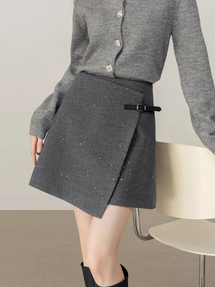 

SENTUBILA Women's Sequin Skirt 2025 Autumn High Waist A-Line Mini Skirt Leather Loop Buckle Design Women's Clothing 154QP3746