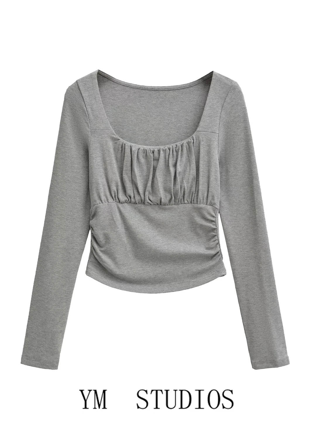 Women's Slim Fit Long Sleeve T-Shirt Pure Desire Square Collar Pleated Chest Enhancement Base Layer Top Spring 2026