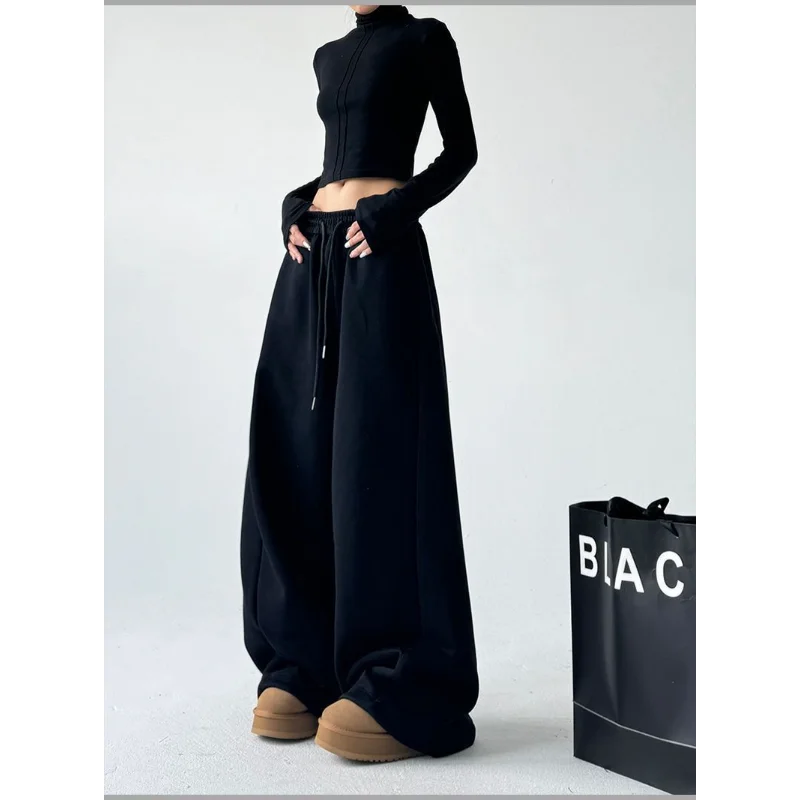 Dames lente en herfst 2025, nieuwe gestikte elastische hoge taille, rechte drapering, smalle bananenbroek met wijde pijpen