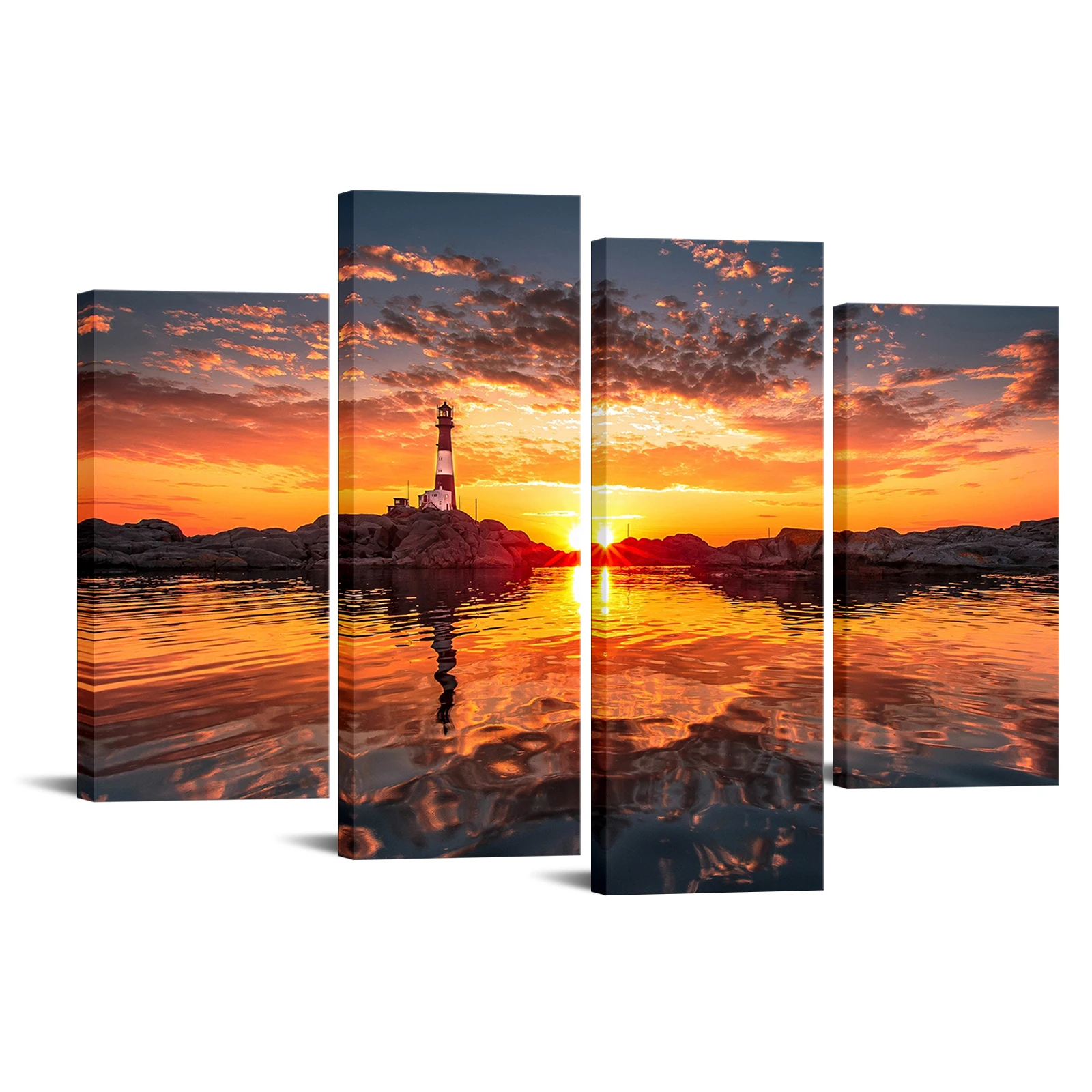 

4 Pieces Beautiful Sunset Home Decor Poster Lighthouse on Coast Print Canvas Art Modern Style Picture Living Room Wall Art