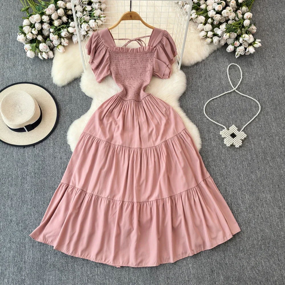 Robe plissée Vintage pour femmes, élégante, col carré, manches courtes, taille haute, drapée, nouvelle mode, été 2024