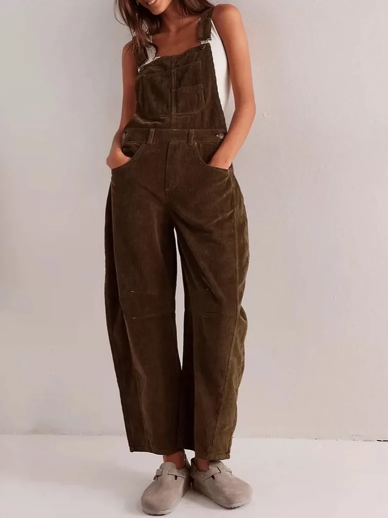 

Autumn Women's Square Collar High Waist Sleeveless Corduroy Jumpsuit