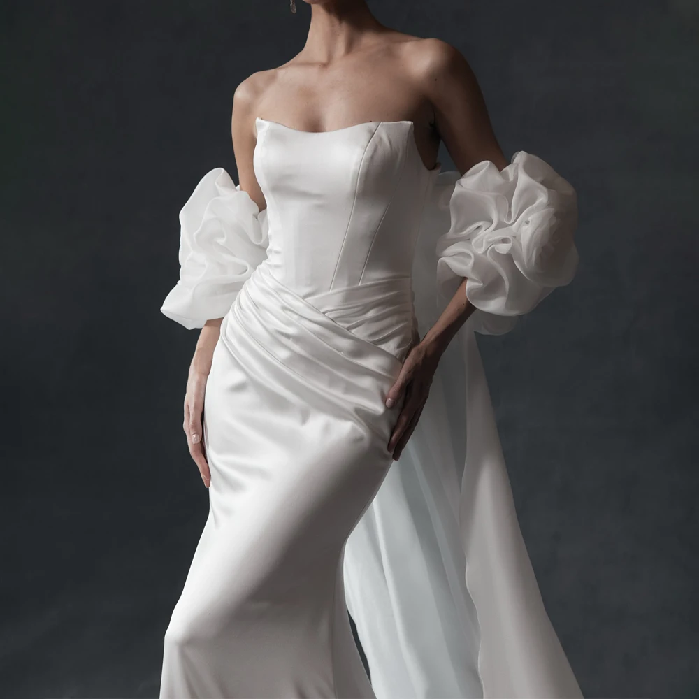 Customized Strapless White Mermaid Wedding Dress Floor Length Removable Skirt Bridal Dress For Wedding Bohemian Style for Brides