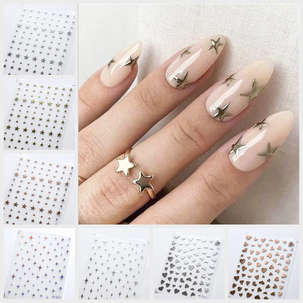 1sheet Metal Heart Nail Sticker Adhesive Cross Star Stickers Decals Rose Gold Laser Silver Nail Art Decoration Sticker