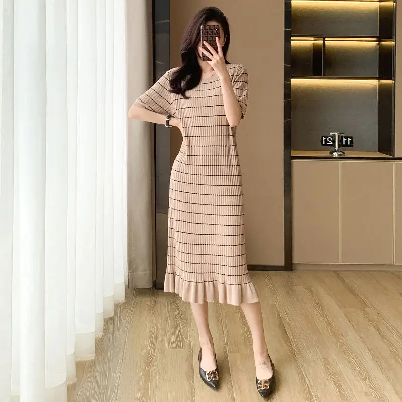 Oversized Loose Striped Dress2024 New Summer Mid Length Over Knee Straight Dress Women Clothing Long Dresses Women Dress