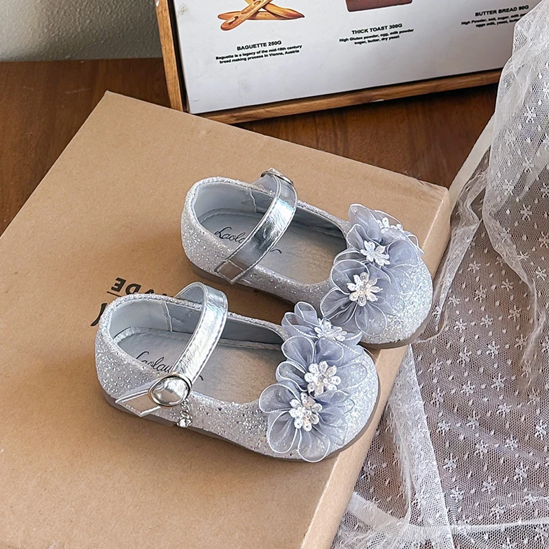 Girls Mary Jane Dress Shoes, Sparkly Glitter Flower Mesh Princess Flat Shoes, Soft Sole Party Wedding Ballet Dress Shoes