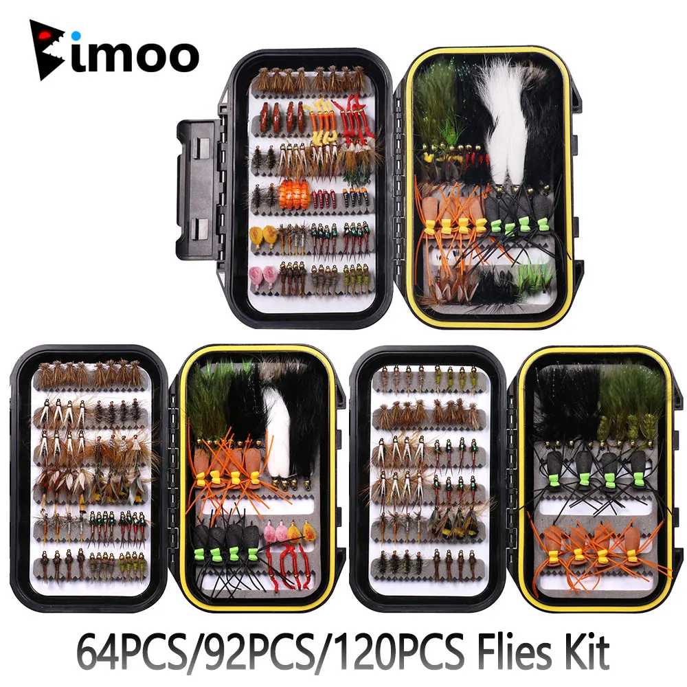Kit de mouches de pêche humides et sèches 64, 92 ou 120 pièces – Woolly Buggers, Streamers, Emerger, Worms – Leurres pour la pêche au bar, à la truite, au grayling et au panfish