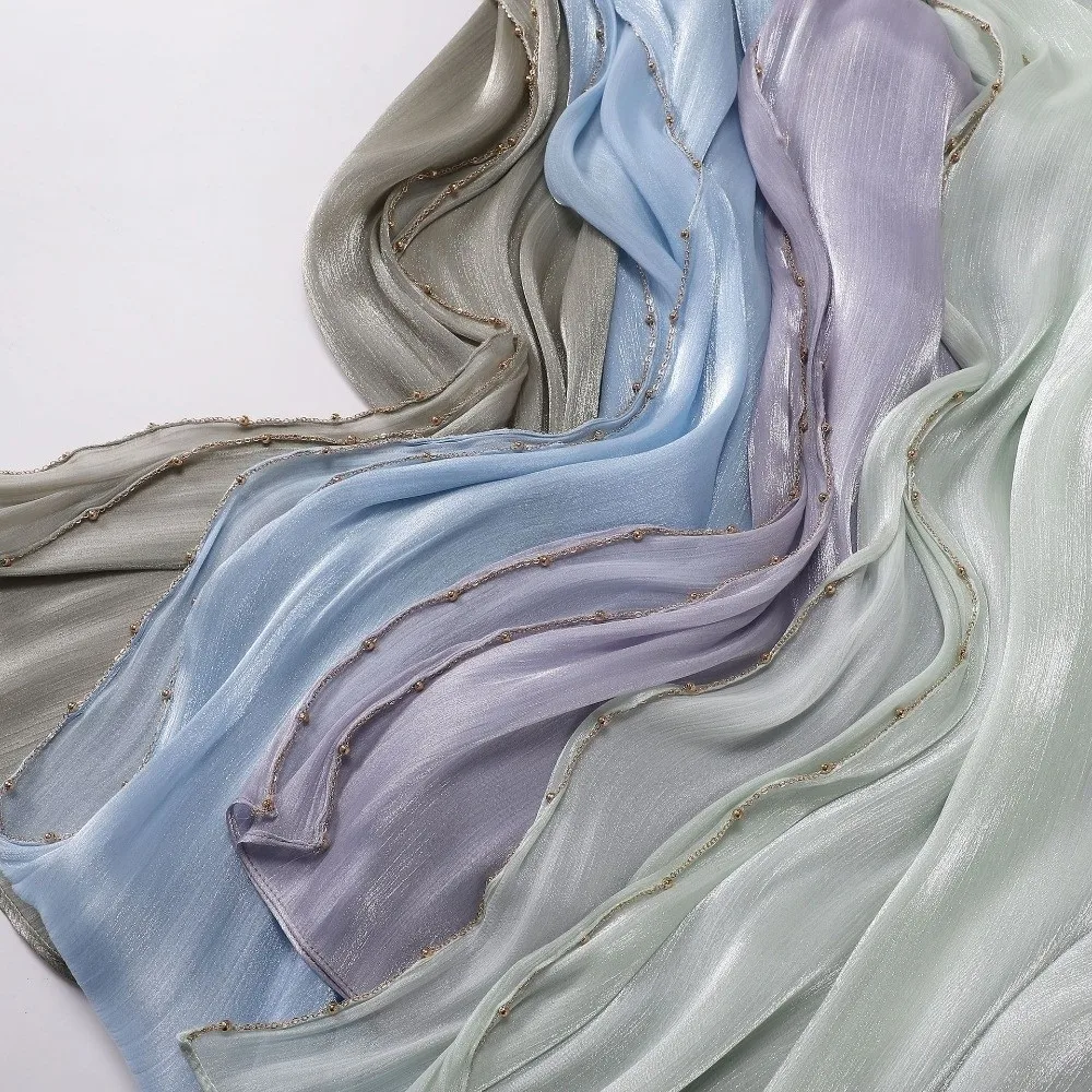 High Qulaity Solid Color Silk Scarf Shining Unilateral golden chain Sunscreen shawl Chiffon Soft Ramadan Long Scarf Outdoor view 2