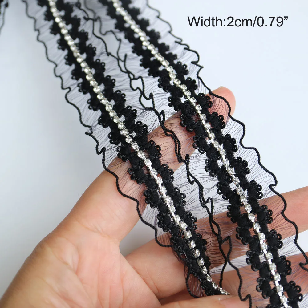 5yards Rhinestone beaded black lace trims for clothes Sewing lace trimming ribbon for DIY clothes accessories