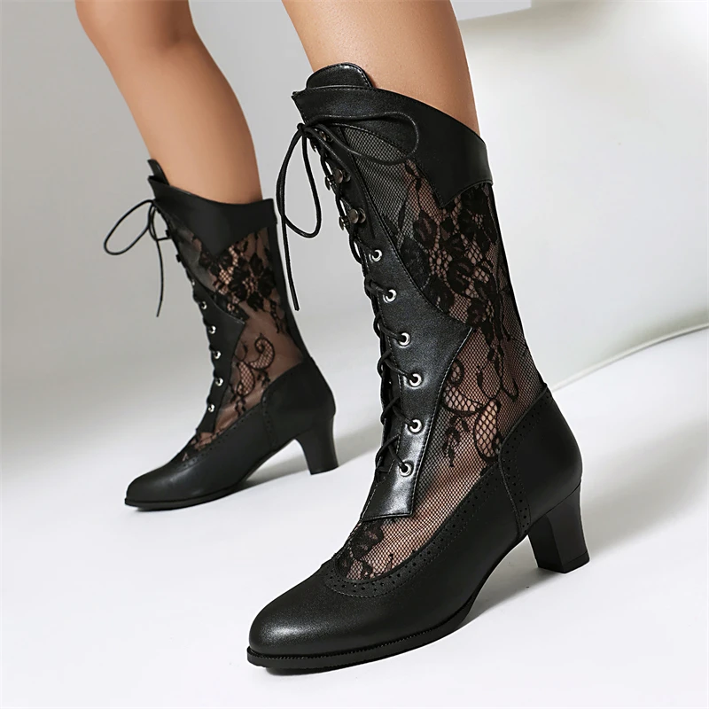 

Сетчатые сапоги до середины икры, женские новые ботинки 2025, лето-осень, длинные ботинки унисекс на шнуровке, модная черно-белая обувь, танцевальная обувь, большой размер 45