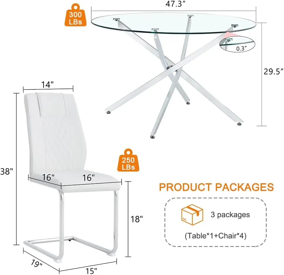 Round Glass Dining Table Set For 4, Round Kitchen Dining Table Chairs Set For 4, 47 Inch Modern Glass Dining Table Set For 4