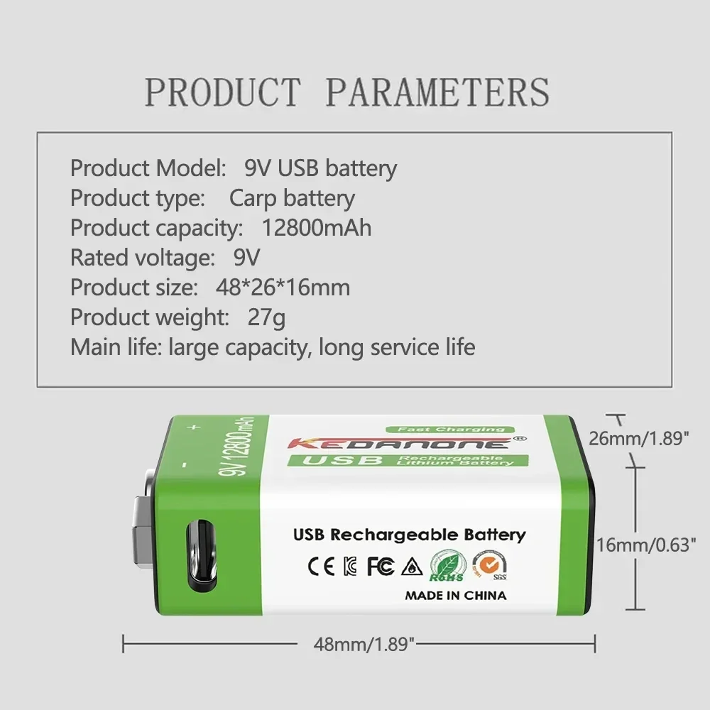 9v Rechargeable Battery 12800mah with USB 9V Li-Ion Lithium Battery for Multimeter Microphone Toy Remote Control Electric Guitar