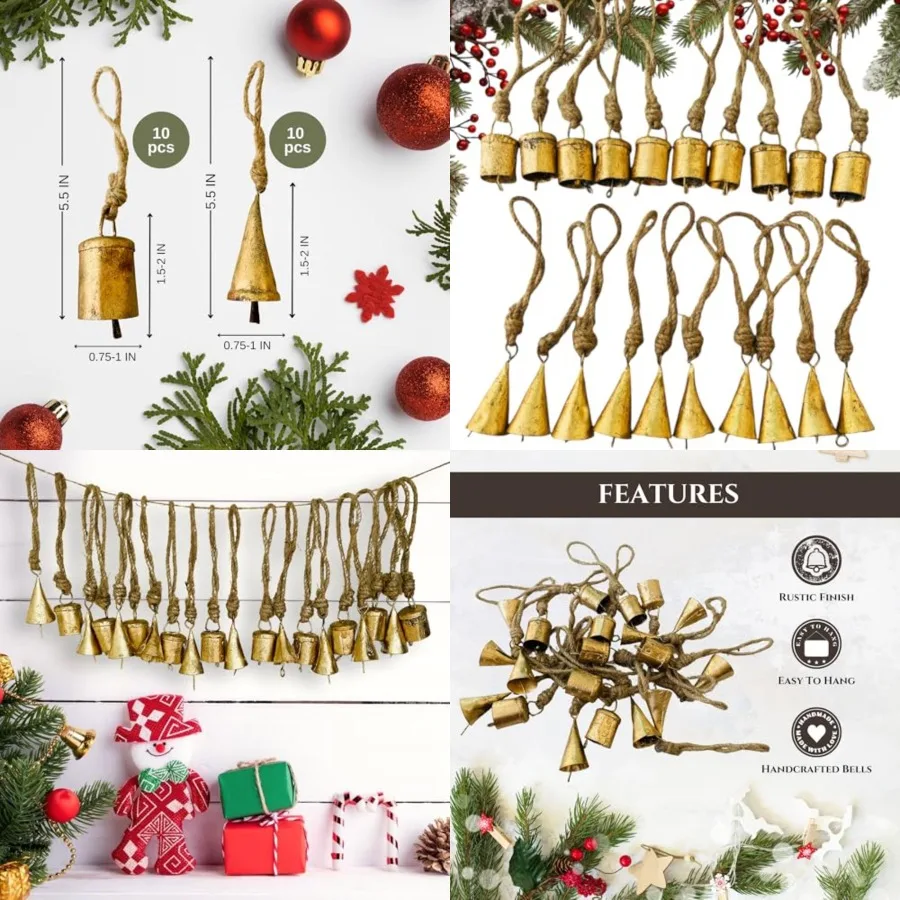 

Set of 20 Rustic Vintage Tin Bells Handmade Christmas Bells on Jute Rope Decorative Christmas Tree Ornaments 2inch Jingle Bells