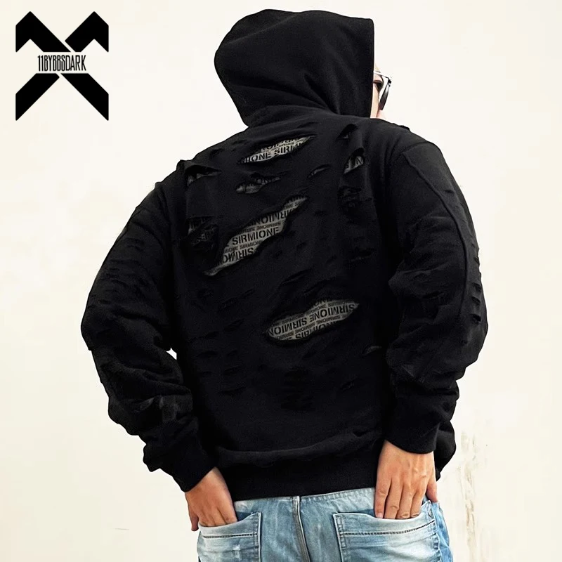 Vintage Ripped Hoodie 2025 New Men Distressed Hole Sweatshirt Hip Hop Streetwear Hoodies Black Y2K Clothing