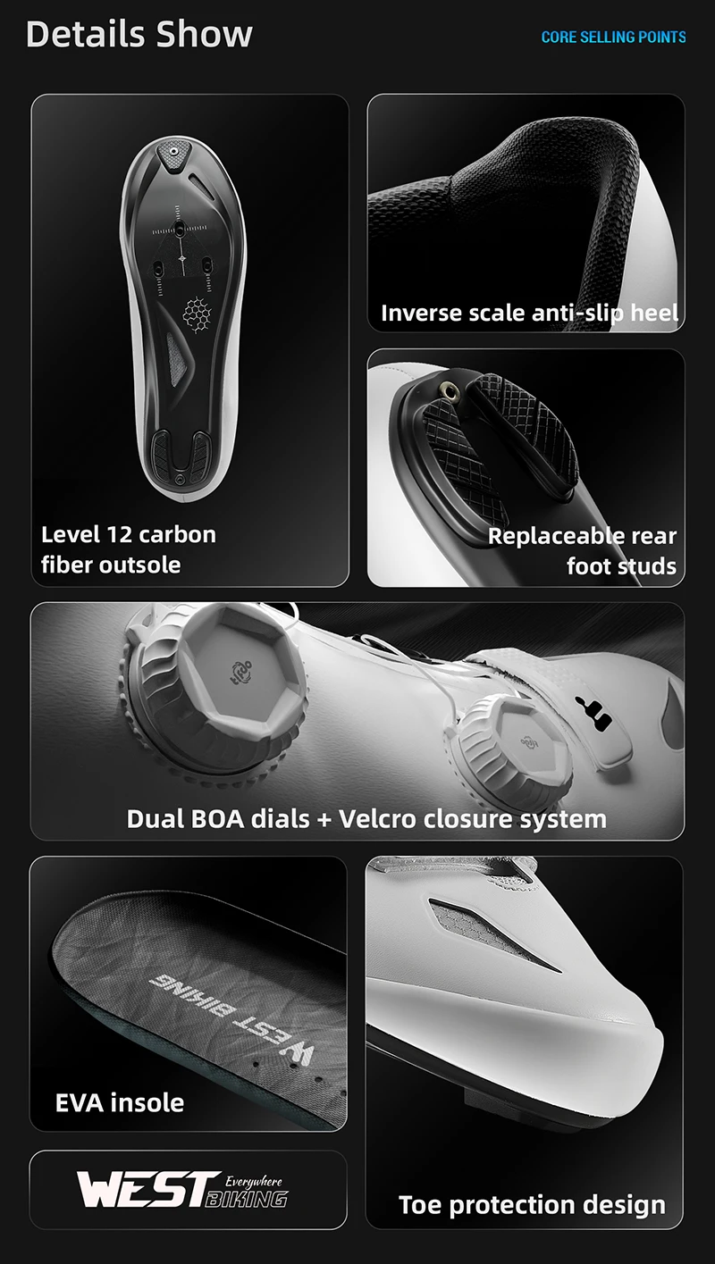 WEST BIKING Rennradschuhe für Herren, Carbonfaser-Sohle, selbstsichernde Fahrradschuhe, Dual-Drehknopf, atmungsaktive Rennsneaker, Fußbekleidung – Detail 4