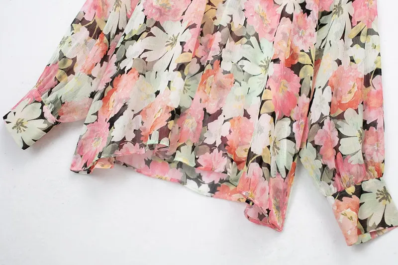 Spring Summer  Women's Versatile  Knot Printed irt Commute Sle Long Sve Floral Patterned Stand Collar Blouse